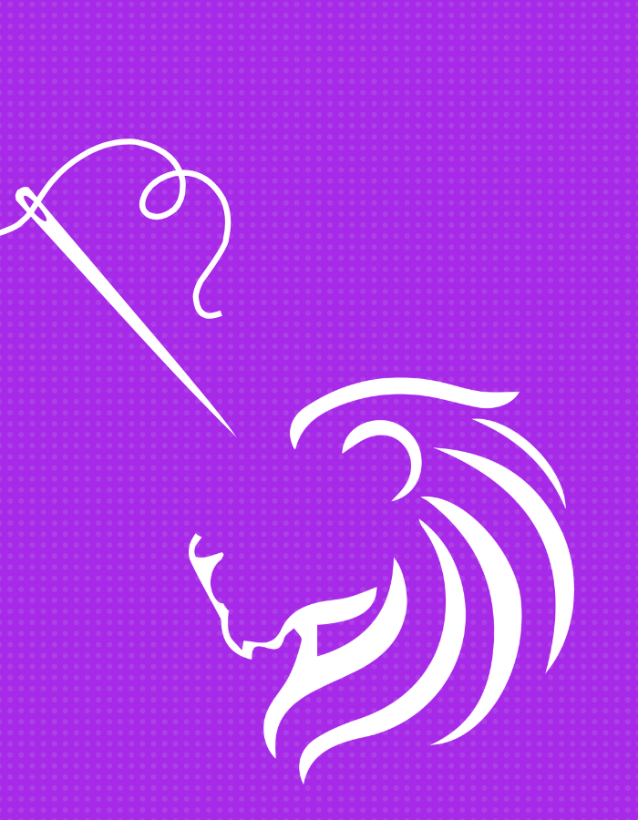 Purple background with a unfinished white lion logo and a sewing needle above.