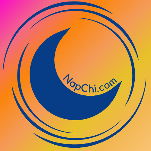 Graphic with a dark blue crescent moon and the text 'NapChi.com' inside it, surrounded by colorful swirling lines on a vibrant gradient background.