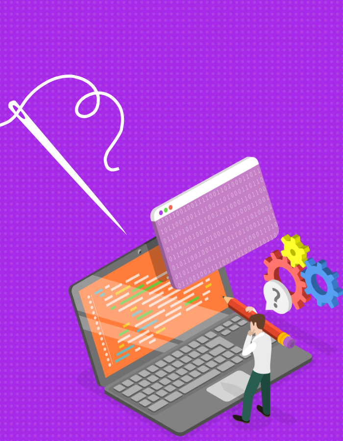 A person holding a giant pencil, looking at a laptop with colorful code on the screen, surrounded by gear icons and a floating window with binary code, against a purple dotted background.