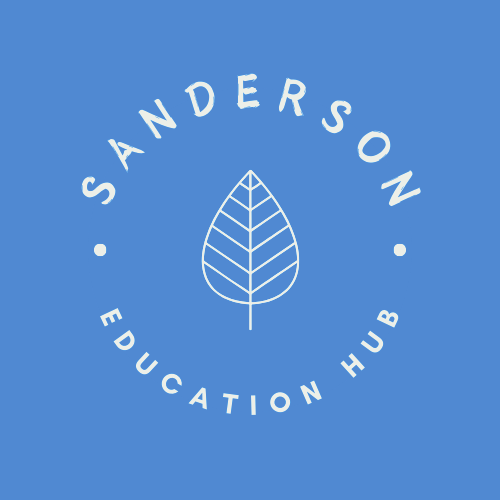 Logo with a leaf illustration and the text 'Sanderson Education Hub' on a blue background.
