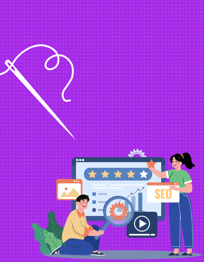 Digital illustration of SEO concepts with a woman and a man analyzing a screen displaying ratings, graphs, and gear icons. The background is purple with halftone dots.