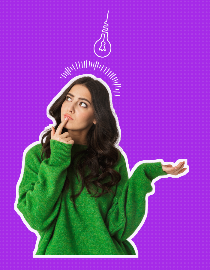 A woman in a green sweater looks thoughtfully at a hanging light bulb illustration above her head on a purple background with a dotted pattern.