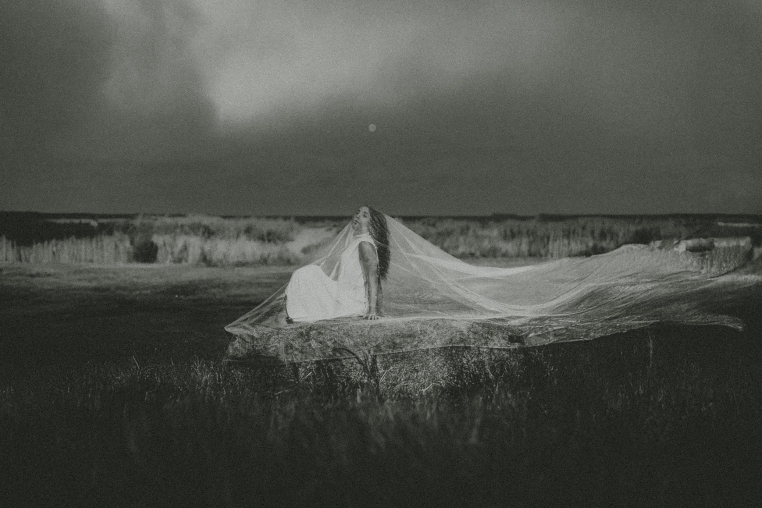A woman in a flowing dress sitting on a large rock near a beach, with a long veil flowing behind her, under a cloudy sky at sunset or sunrise.