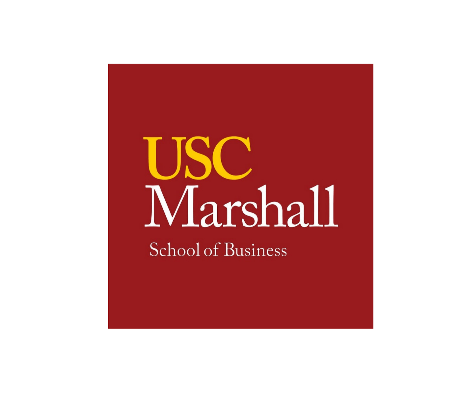 Logo of USC Marshall School of Business with red background, yellow and white text.