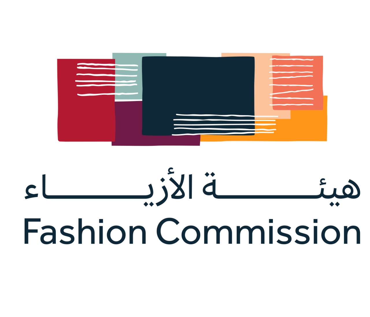 Logo for the Fashion Commission featuring stacked, colorful fabric swatches and the text 'Fashion Commission'