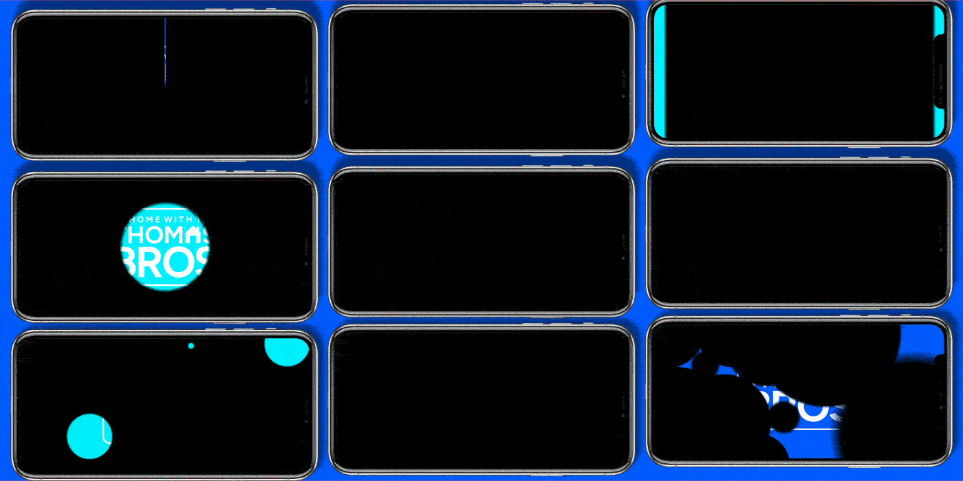 Nine smartphones arranged in a 3x3 grid on a blue background, with some screens displaying patterns or partial texts, including a circular logo with the words 'Home with HOMA Bros'.