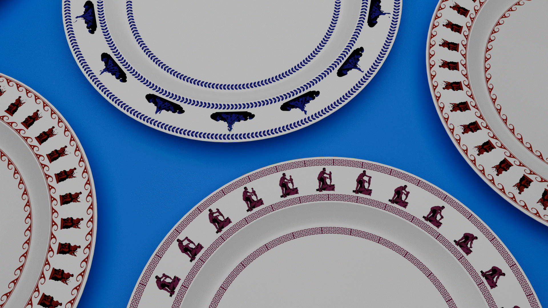 Close-up of ceramic or porcelain plates with intricate patterns of figures and decorative borders, set against a blue background.