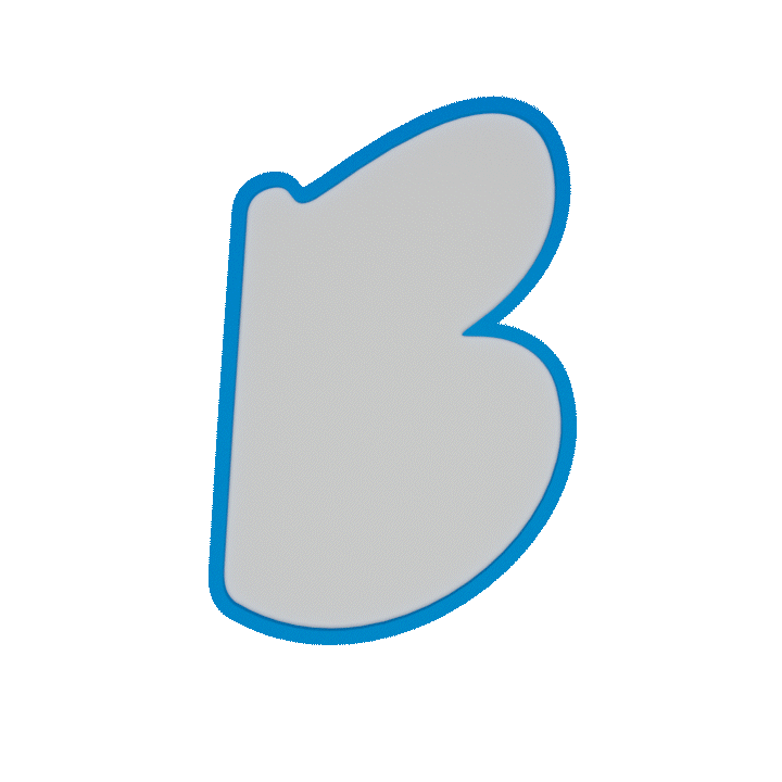 A stylized, cartoon-like letter B with a blue outline and a light gray fill.