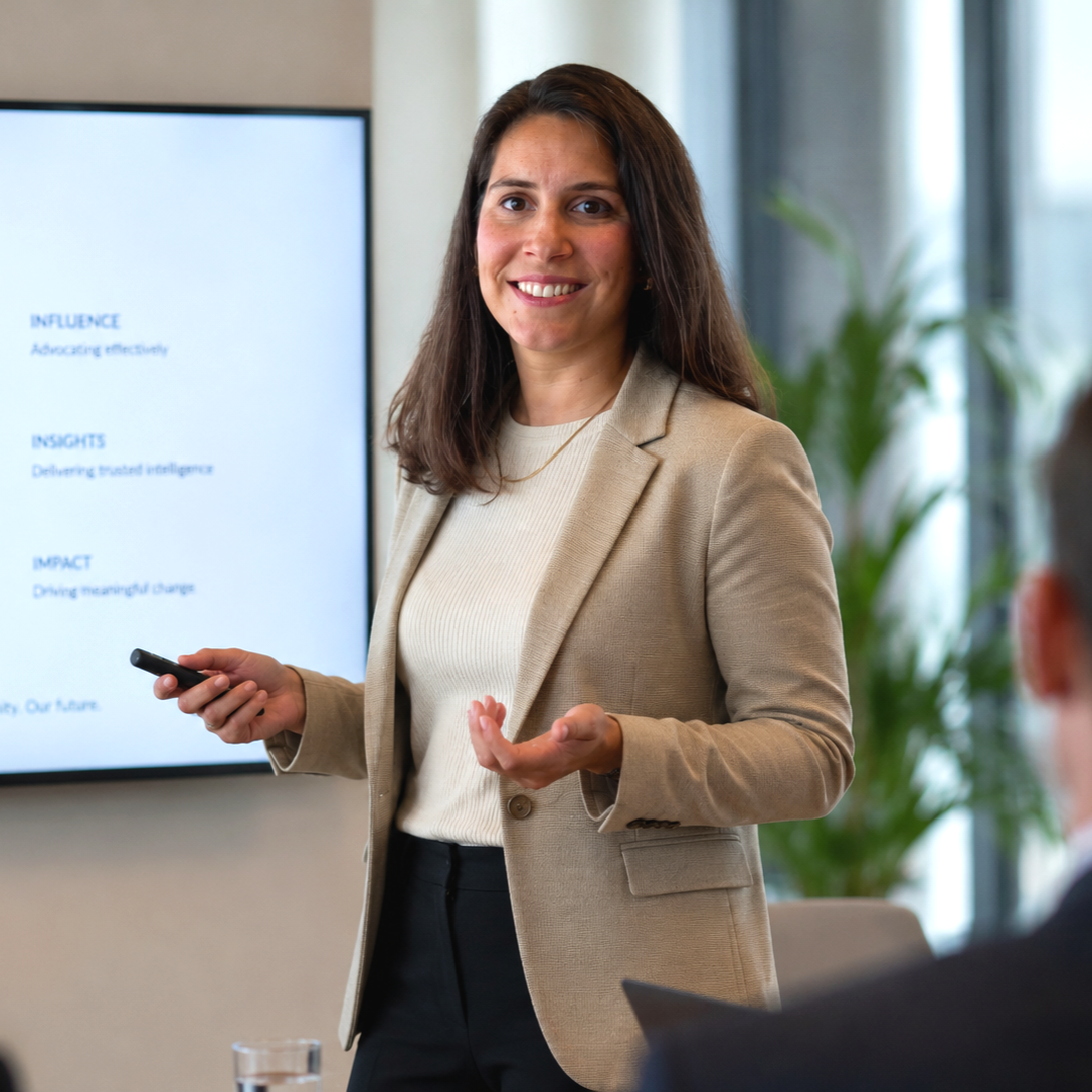 Elysia in a beige top and blazer presenting at a meeting
