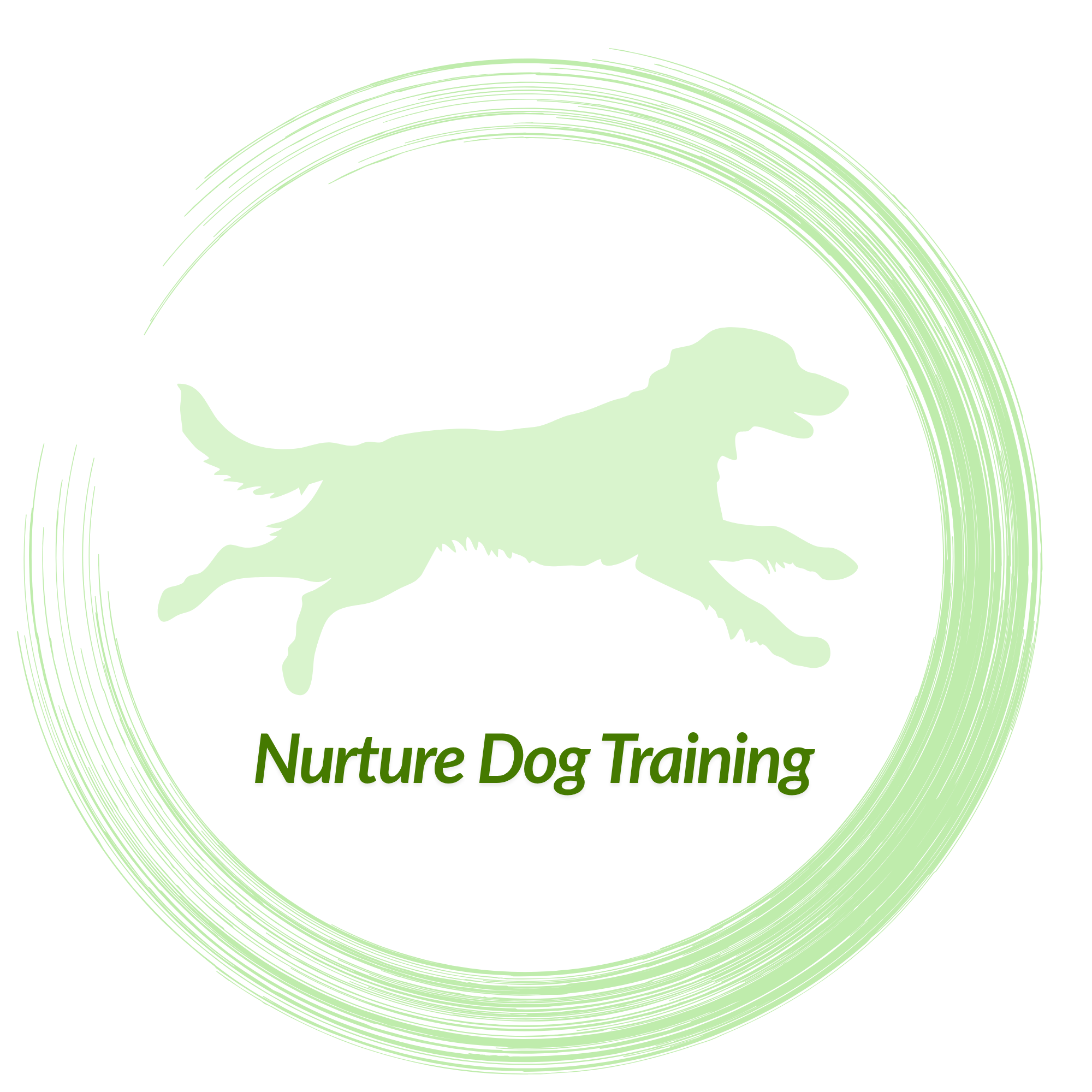 Graphic design with a silhouette of a dog with a rainbow above it, and the text 'Nurture Dog Training' below.