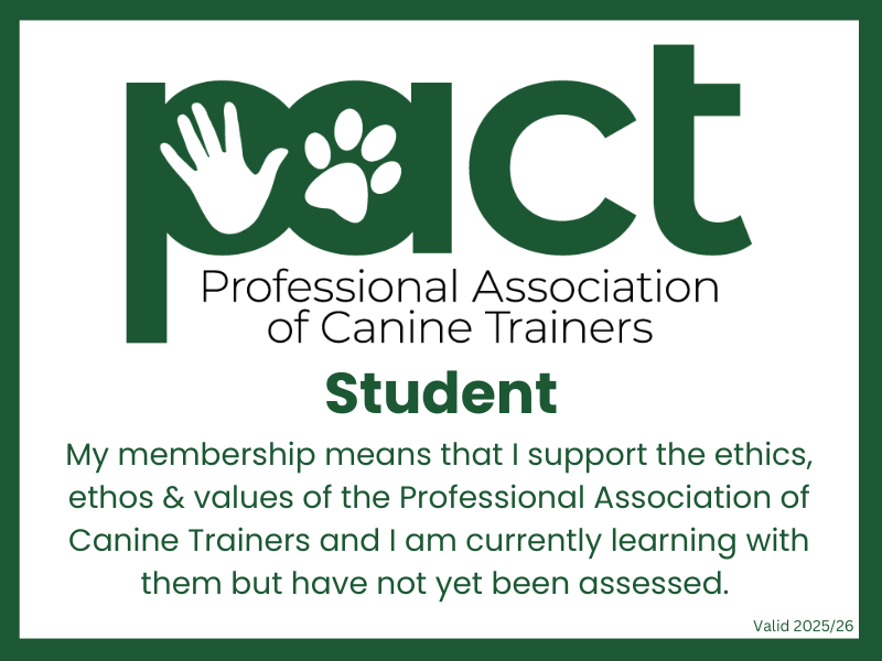 A certificate or membership card for the Professional Association of Canine Trainers, indicating a student member supporting the organization's ethics and values, valid for 2025/26.
