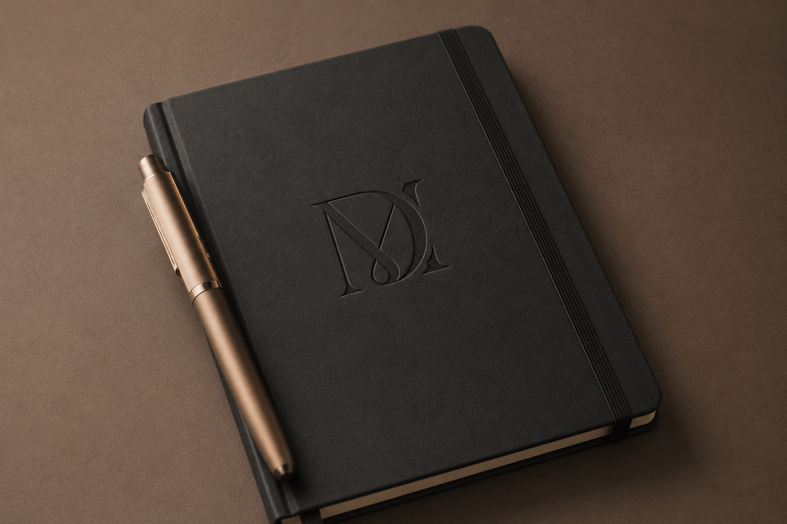 A closed black notebook with an embossed monogram on the cover, a gold pen resting on the side, and an elastic band, placed on a brown background.