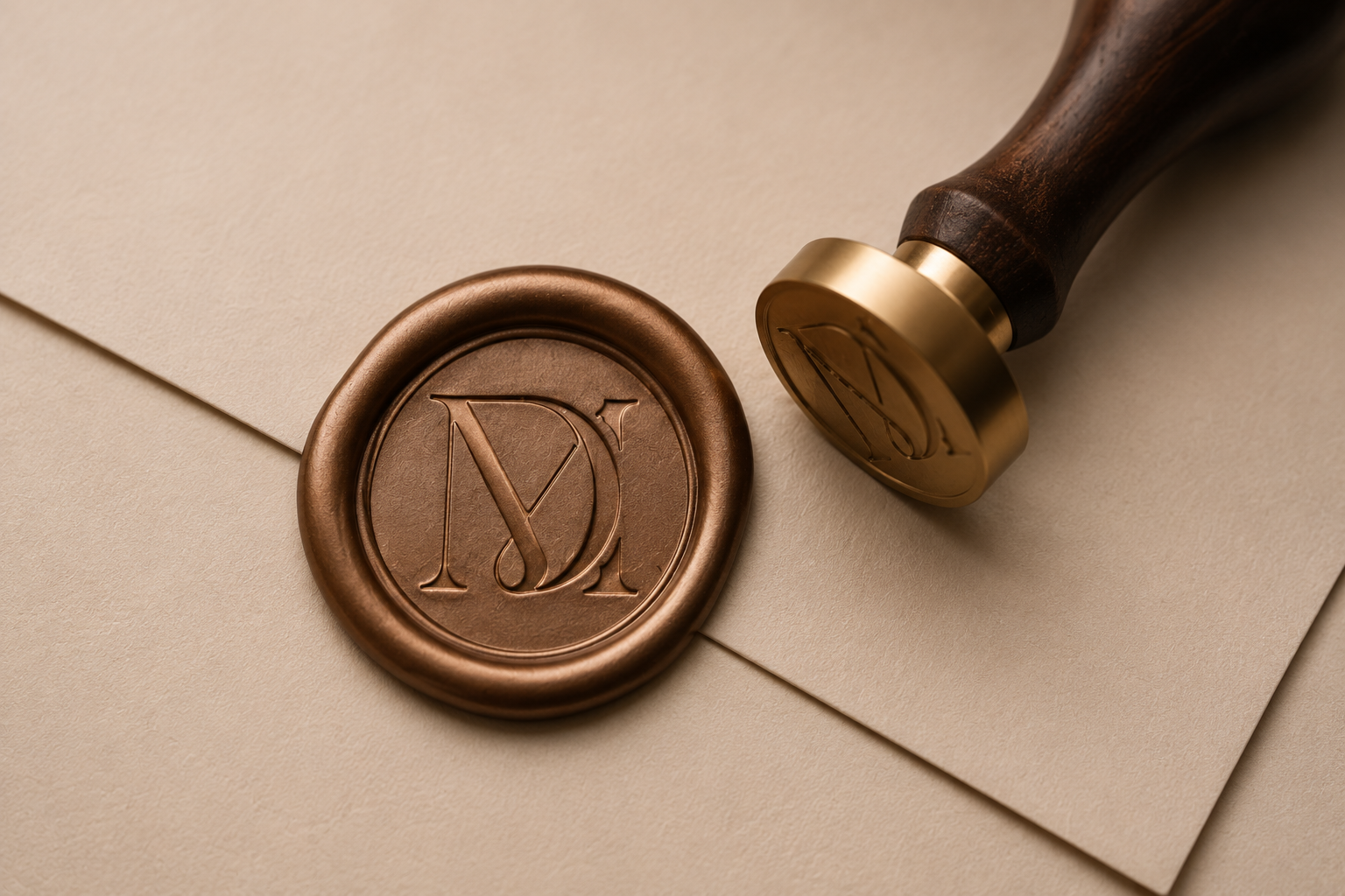 Wax seal stamp with gold face and wooden handle placed on beige paper with a wax seal bearing an engraved monogram.
