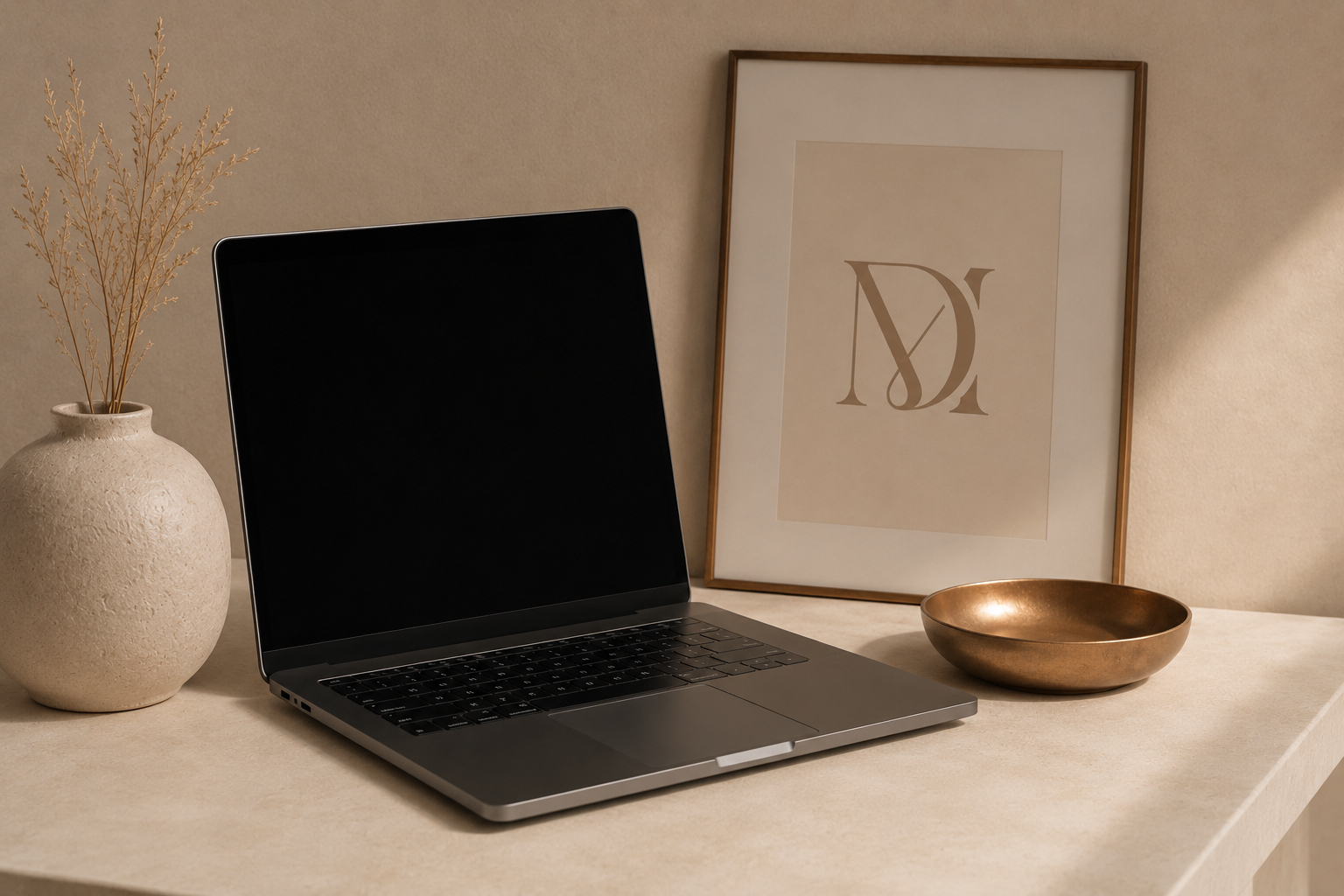 A modern laptop on a beige desk with a ceramic vase with dried plants on the left, a framed abstract art print with initials in the background, and a bronze bowl on the right.