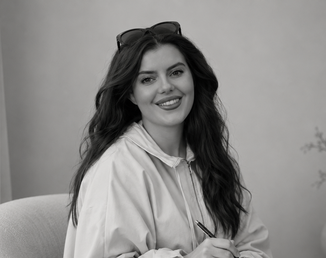 A woman with long wavy hair wearing a light-colored jacket, smiling, with sunglasses on her head, sitting at a table with a pen in hand.