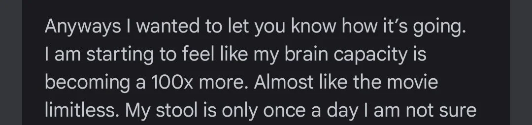 Screenshot of a message or post discussing mental state and physical sensations, mentioning brain capacity and stool frequency.