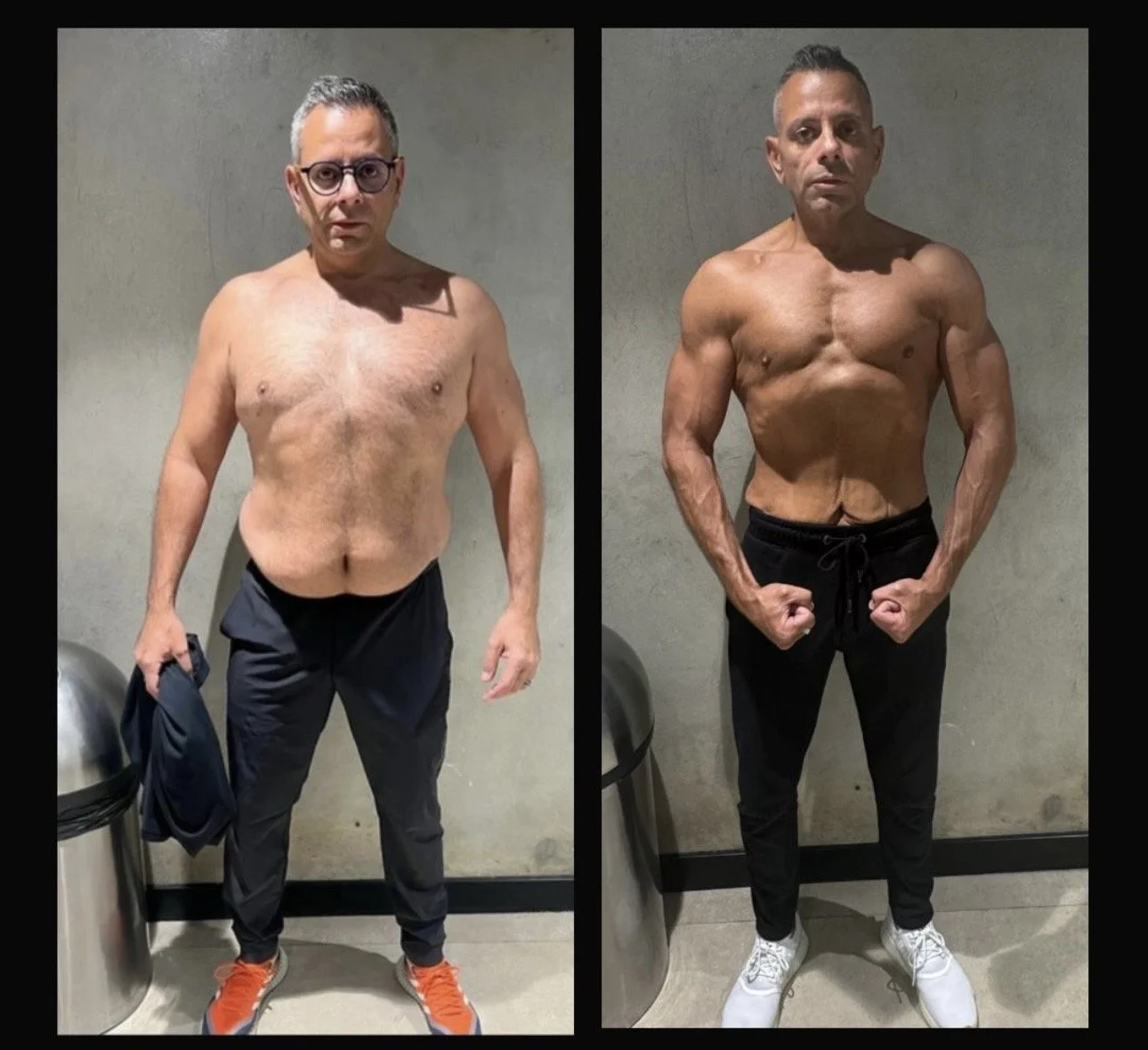 Side-by-side comparison of a shirtless man before and after muscle transformation, showing increased muscle definition and fat loss.