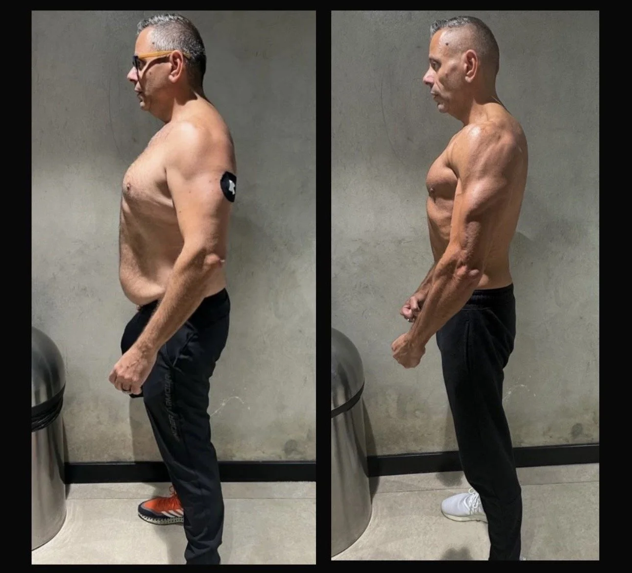 Side-by-side comparison of a shirtless man before and after fitness transformation, showing weight loss and muscle toning.