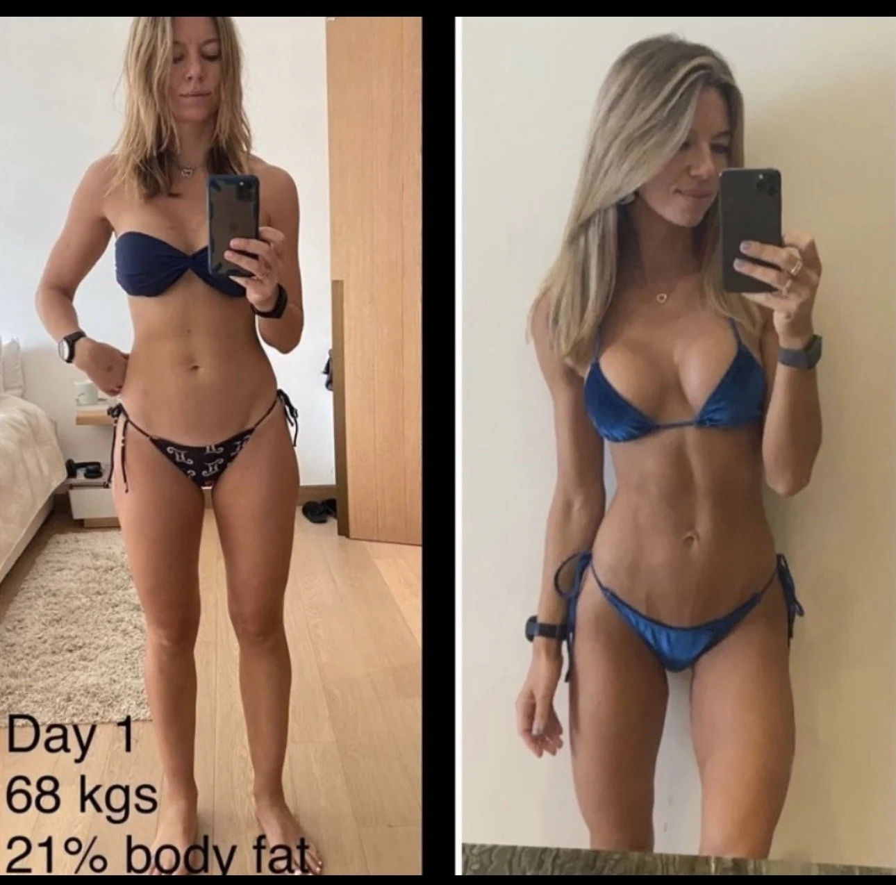 Side-by-side comparison of a woman in a blue bikini before and after a fitness transformation, with text indicating she weighed 68 kg, was on day 1, and had 21% body fat.