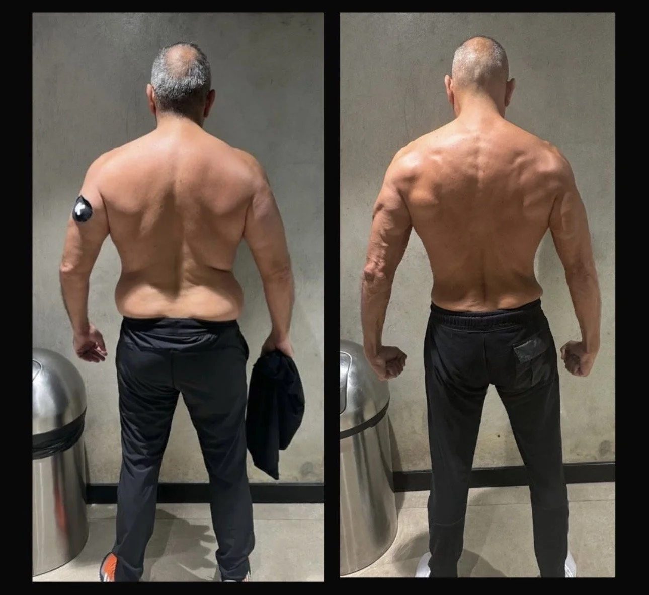 Side-by-side comparison of a shirtless man showing a transformation, with a before image on the left and an after image on the right, in a gym or fitness setting.
