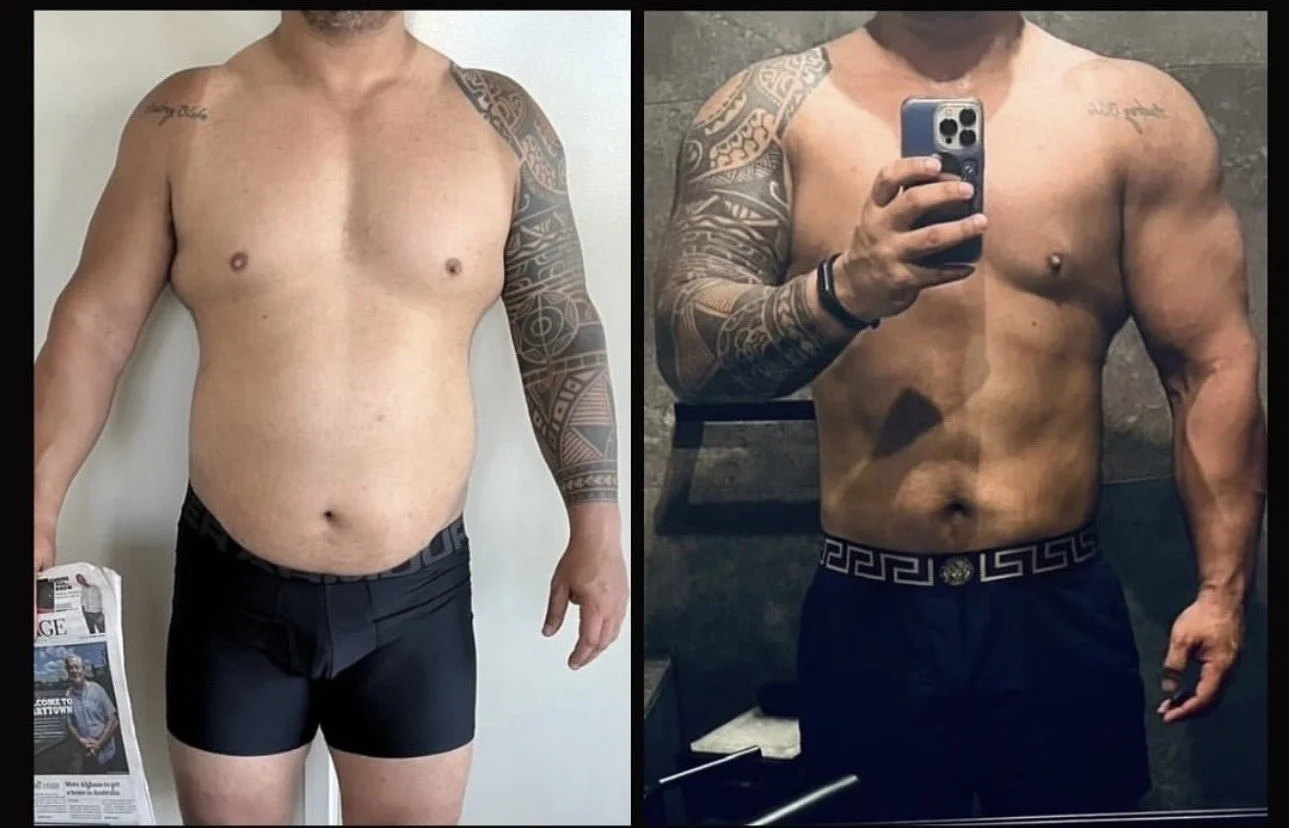 Side-by-side comparison of a shirtless man before and after weight loss and muscle gain. The left shows him with a larger belly and less muscle definition, holding a newspaper. The right shows him with a leaner, more muscular physique, taking a selfi