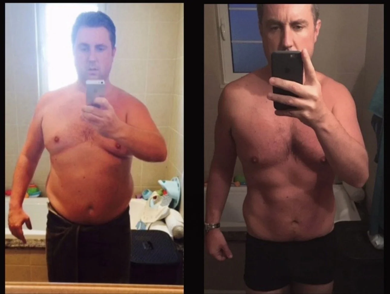 Side-by-side comparison of a man taking mirror selfies, showing before and after weight loss. In the first, he appears heavier, in the second, he is more muscular and toned.