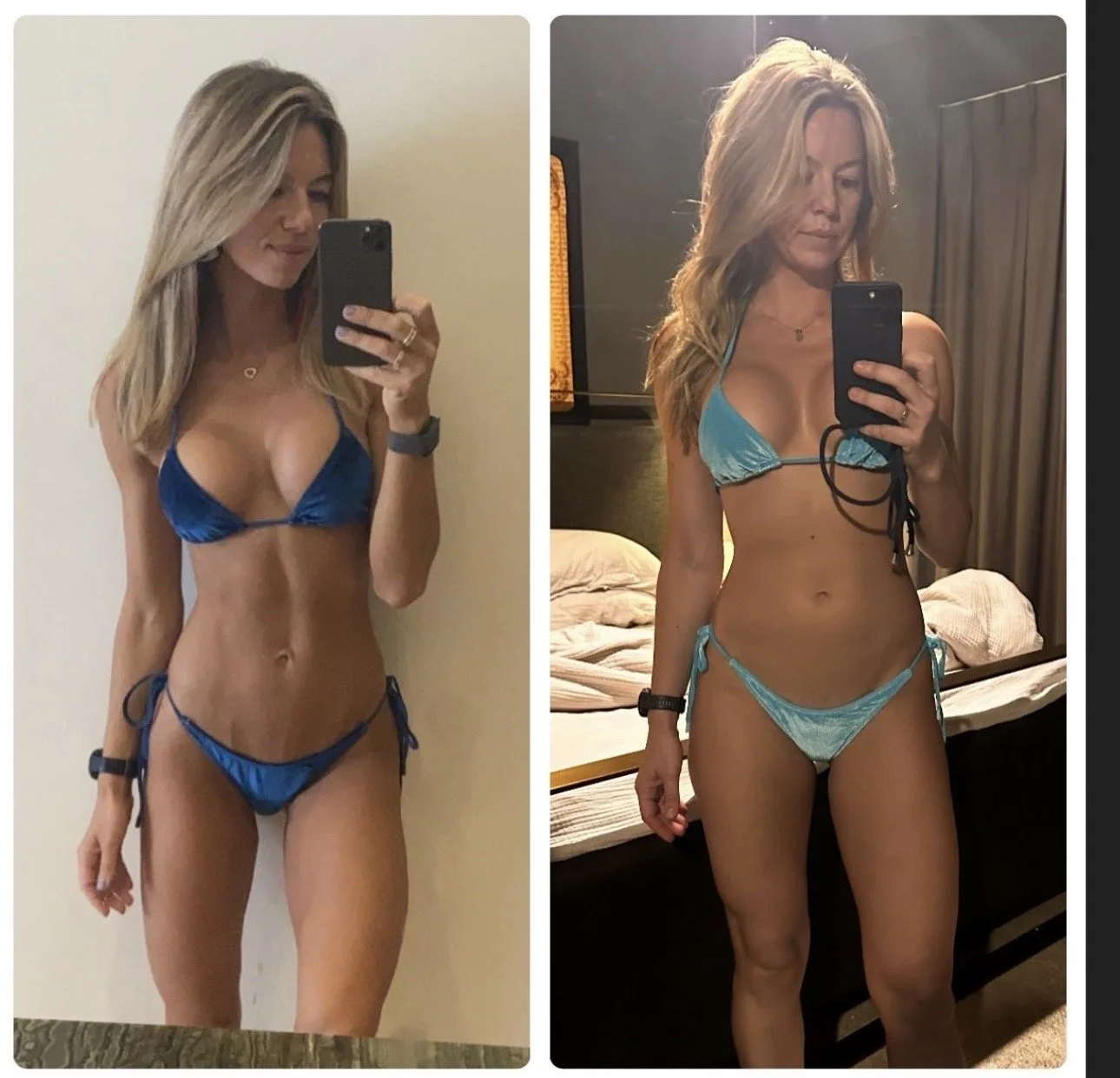 Side-by-side mirror selfies of a woman in a blue bikini, showing her taking the photo in different settings.