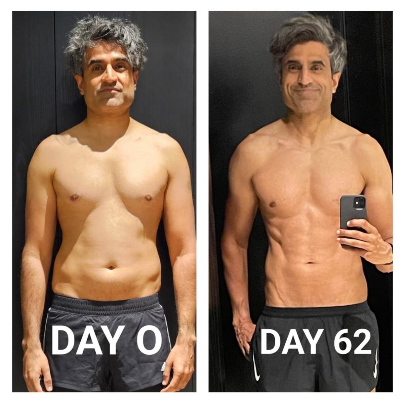 Side-by-side photos of a shirtless man showing his physique at the start and after 62 days, labeled 'Day 0' on the left and 'Day 62' on the right.