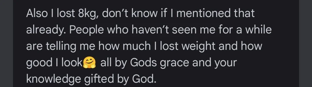 Text on dark background discussing weight loss, appearance, and gratitude for divine blessing.