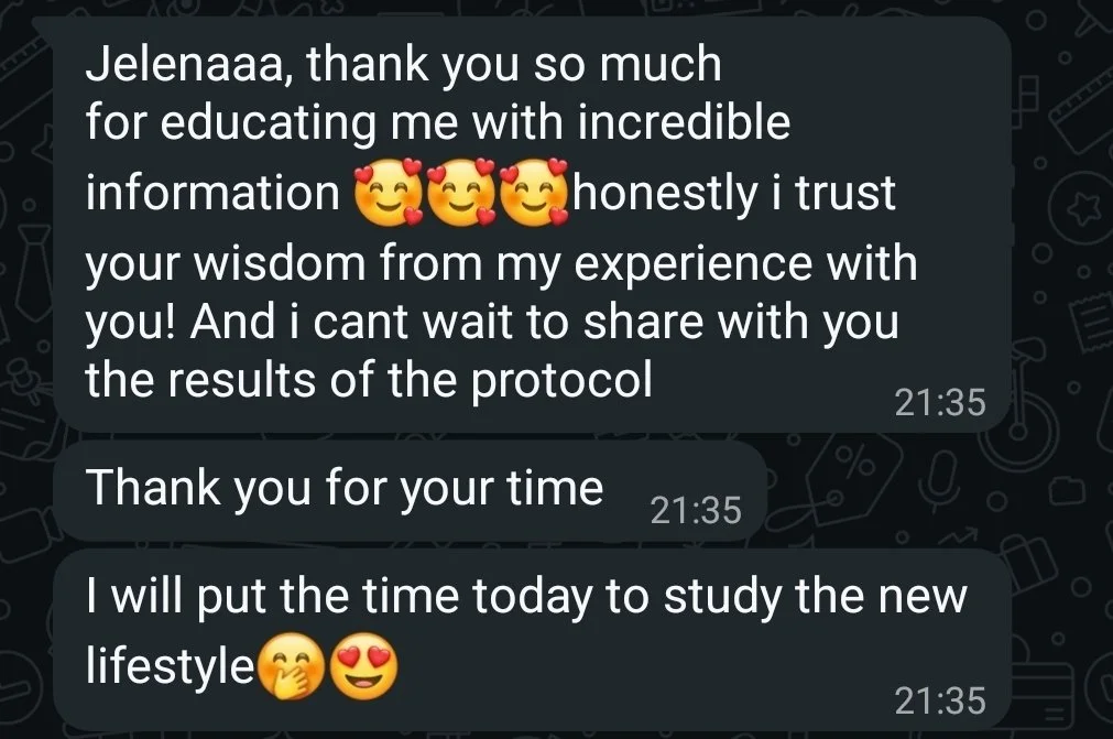 A screenshot of a WhatsApp chat with a message expressing gratitude and excitement about sharing the results of a protocol, including emojis like smiling faces with hearts and kissing faces.