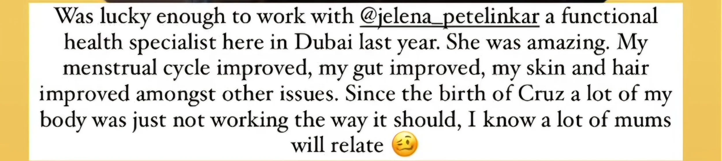 Screenshot of a text post describing positive health results after working with a health specialist in Dubai, mentioning improvements in menstrual cycle, gut health, skin, and hair, and expressing empathy for other mothers.