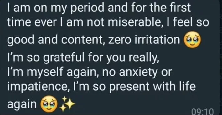 Text message expressing happiness and gratitude during period, feeling content and present with life, with smiley and star emojis.
