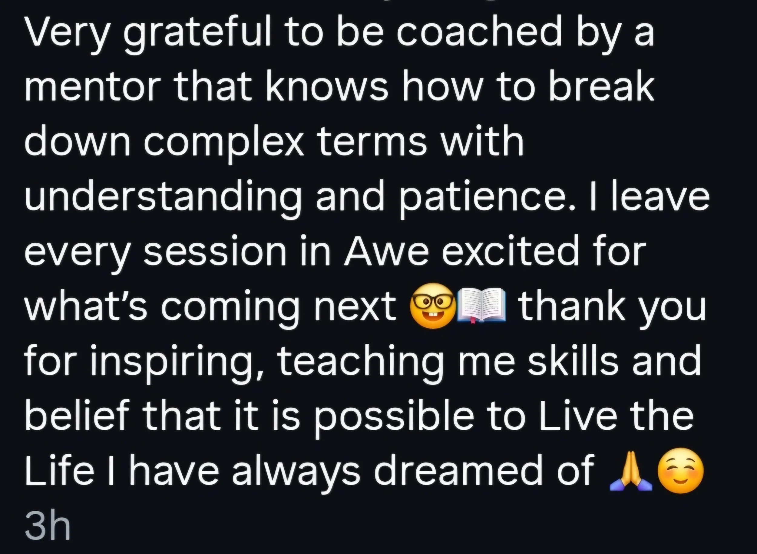 A screenshot of a text message or social media post showing appreciation for coaching and mentorship, with emojis including glasses, open book, smiling face, prayer hands, and smiling face with blush.