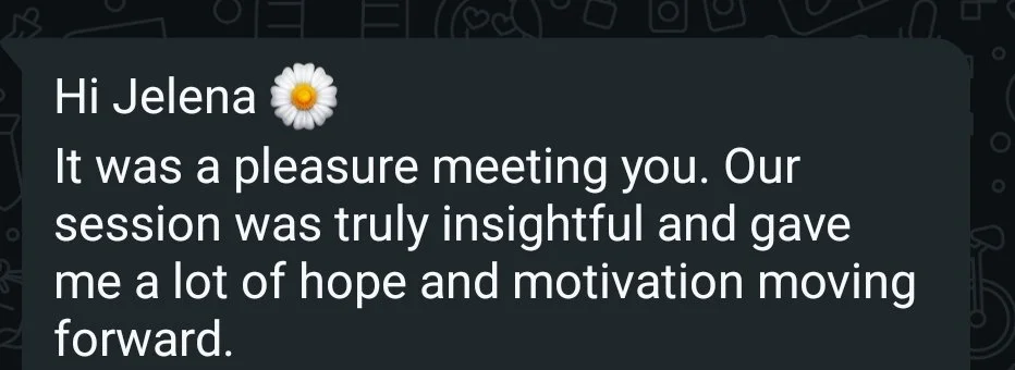 A screenshot of a text conversation with a message thanking Jelena and expressing hope and motivation.