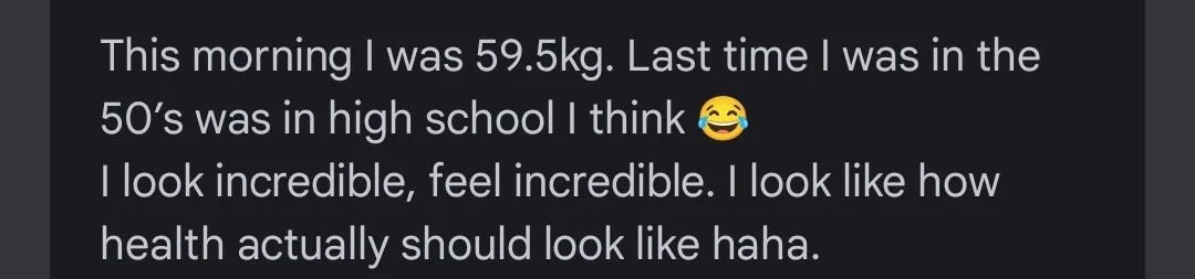 Text overlay discussing weight, appearance, and health reflection.