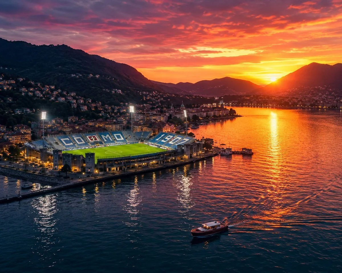 The COMO 1919 football stadium located by lake como, with a sunset sky and mountains in the background. The stadium has blue seats spelling out COMO 1919, brightly lit floodlights, and a clear football pitch.