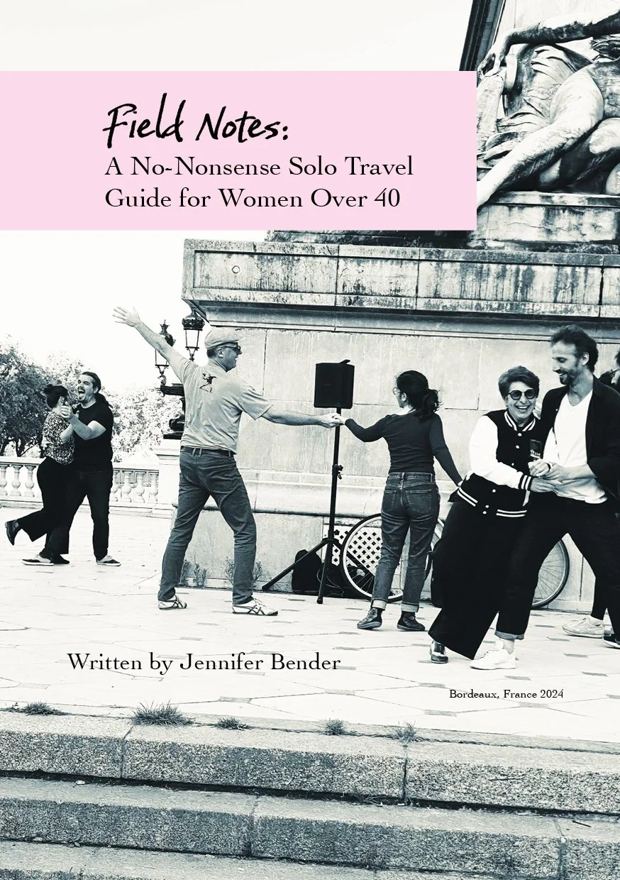 Cover

Cover design for Field Notes: A No-Nonsense Solo Travel Guide for Women Over 40. Hand-lettered title treatment over original photography, Bordeaux, France.