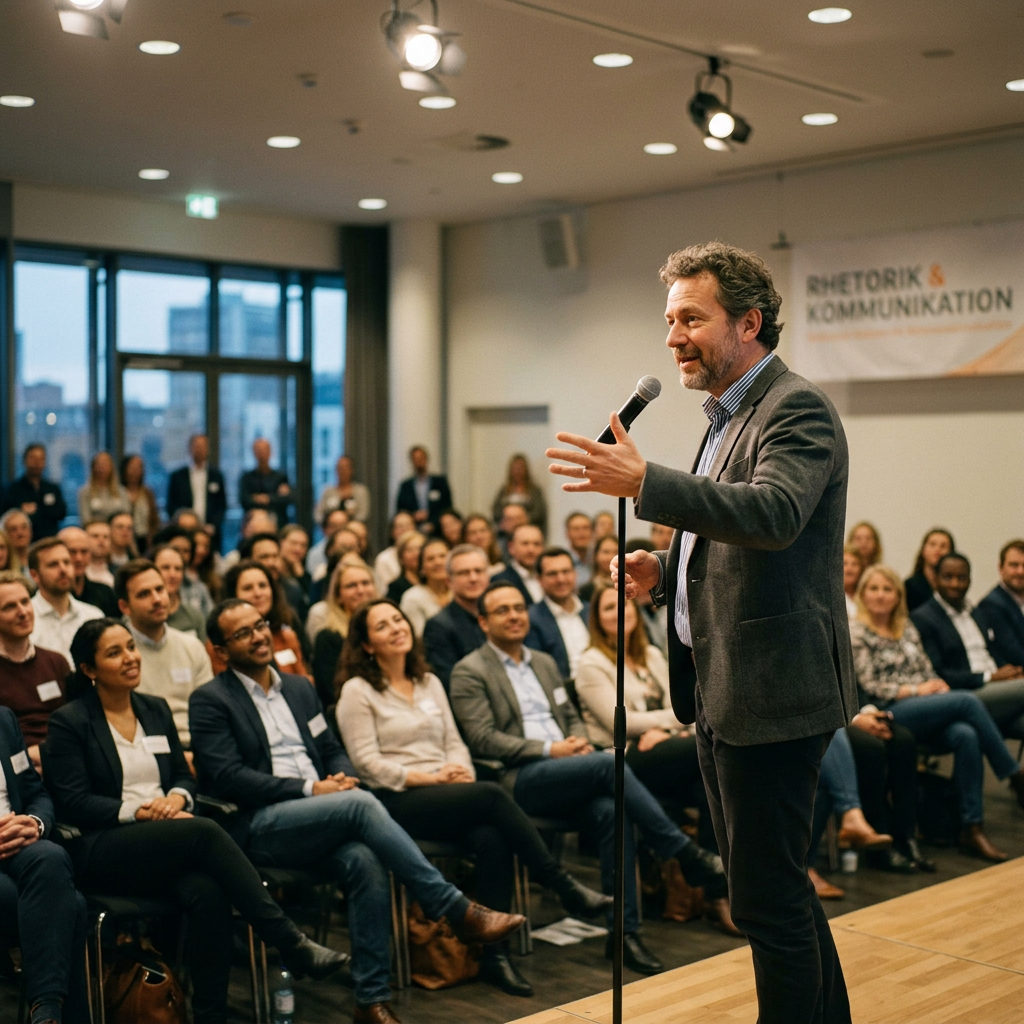 Ein Mann hält einen Vortrag vor einem Publikum in einem Konferenzraum.