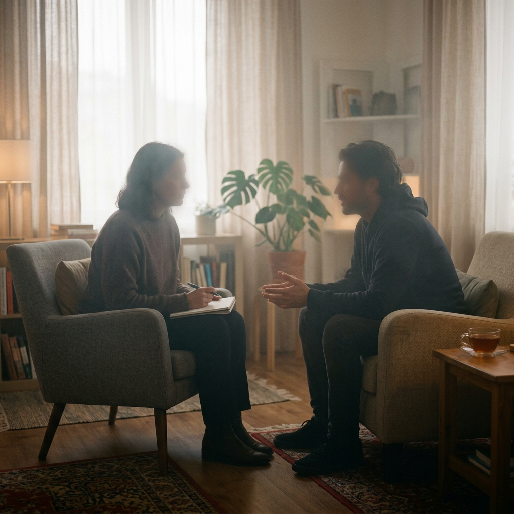 Ein Paar im Gespräch in einem Wohnzimmer, die Frau macht Notizen, der Mann gestikuliert, im Hintergrund eine Pflanze und Bücherregale.