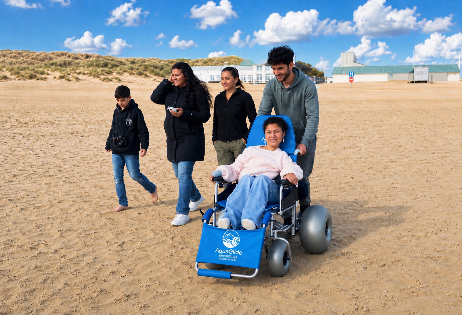 Five people, including a girl in a waterproof wheelchair, walking on a sandy beach under a partly cloudy sky. The girl is smiling, and the group appears to be enjoying a sunny day outdoors.