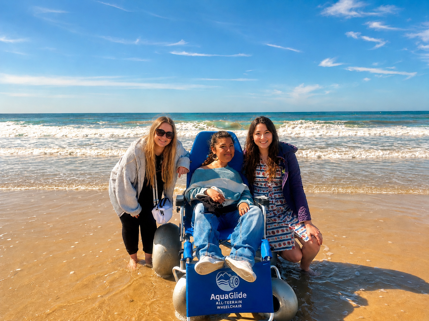Aquaglide beach wheel chair on beach with friends.png