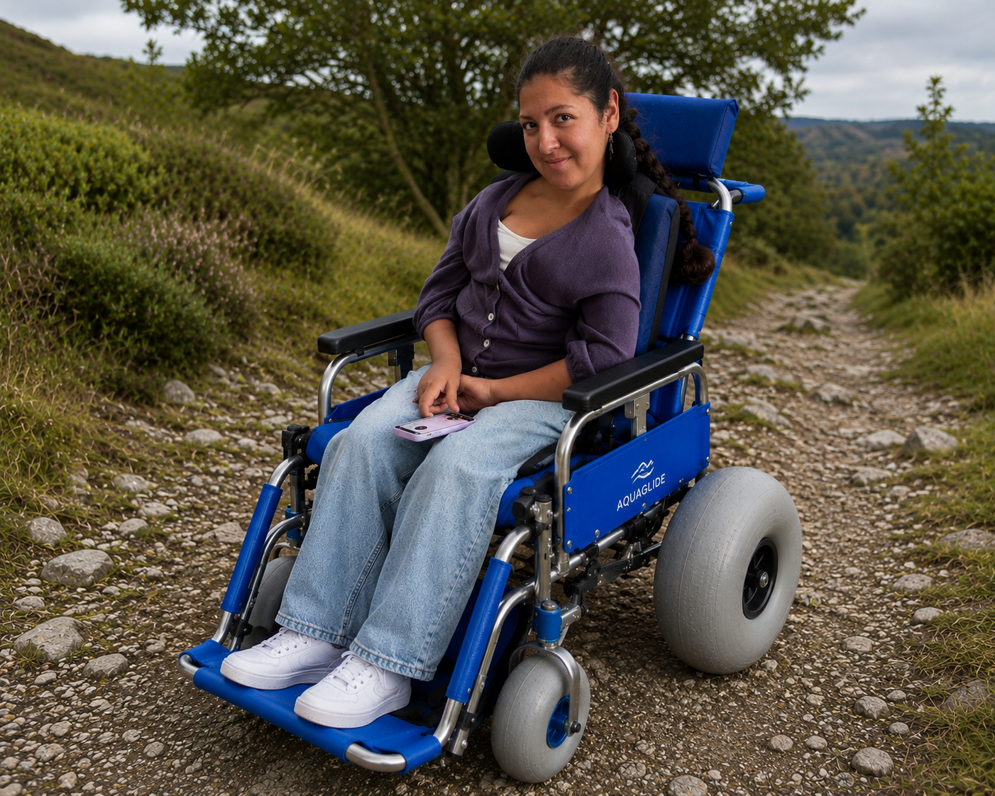 Young woman with dark hair in a braid sitting in a blue wheelchair on a rocky outdoor trail, holding a smartphone, with green bushes and trees in the background.