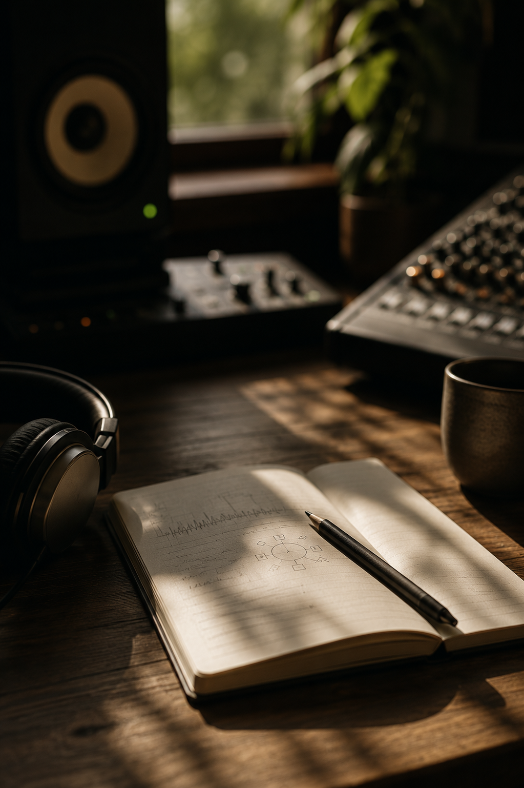 Arbeitsplatz im Atmos Foundry Studio mit Kopfhörern, Audiomonitoren und Projektplanung für Dolby Atmos Mixing, Sounddesign und Audio-Postproduktion.