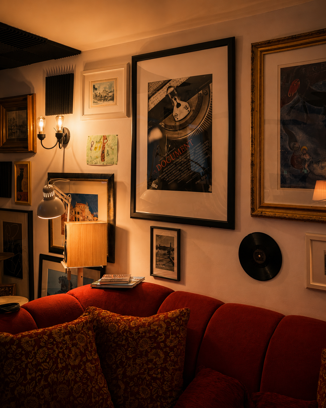 Gemütliches Wohnzimmer mit roten Sofas, verschiedenen Bilder und Poster an der Wand, warmem Licht, Tischlampe, Wandlampen und Vinyl-Schallplatten.