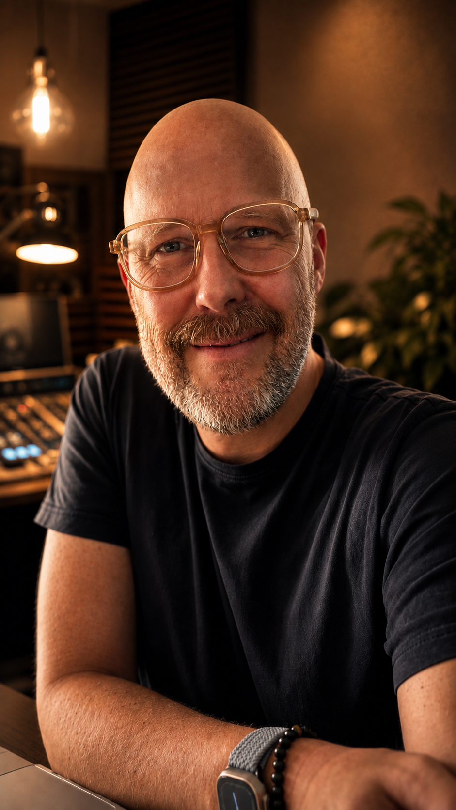 Ein lächelnder Mann mit Brille und Bart, trägt ein schwarzes T-Shirt, sitzt in einem Tonstudio.