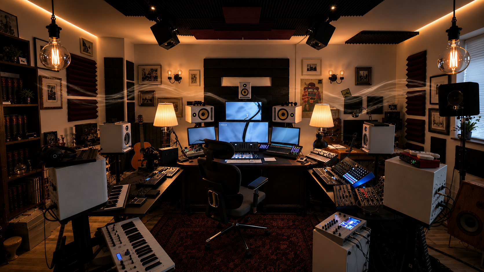 Dolby Atmos Studio von Atmos Foundry mit professionellem Lautsprecher-Setup, Studiomonitoren und Audio-Equipment für immersive Musik- und Filmproduktionen.