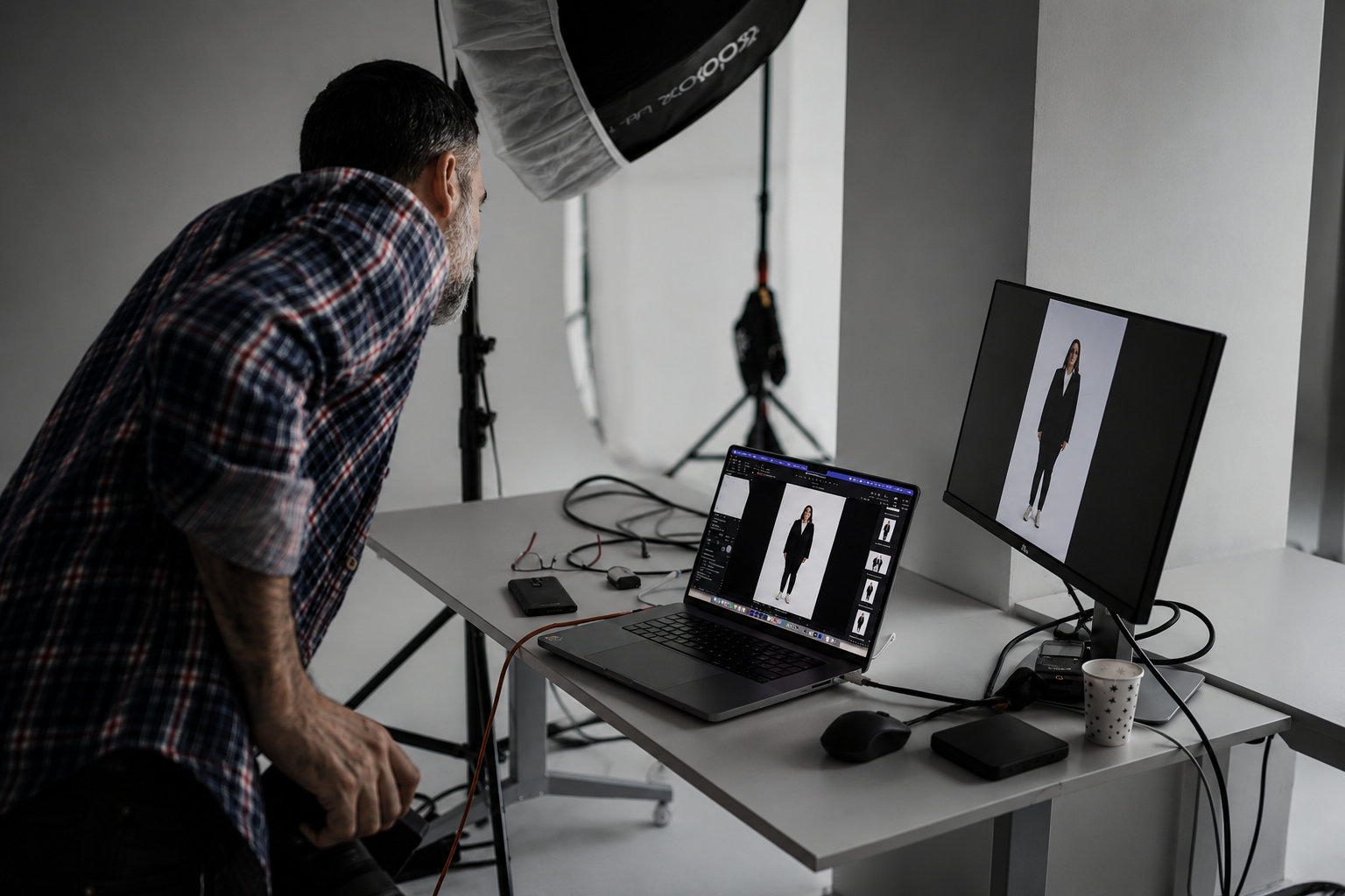 Award-winning director and photographer Aydın Aslan reviewing a fashion production in studio at Otalestudio.