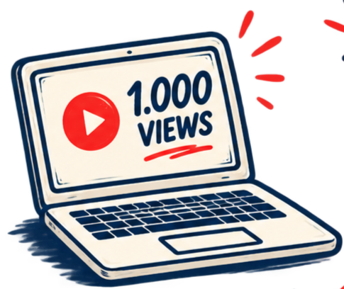 Een illustratie van een laptop met een scherm dat 1.000 weergaven toont, inclusief een rode play-knop.