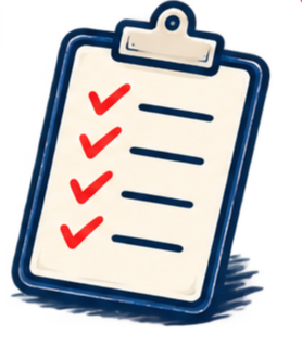 Checklist met vijf rode vinkjes op papier en een blauwe clip erop
