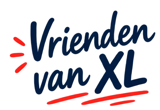 Logo met de tekst 'Vrienden van XL' en rode en blauwe grafische elementen.
